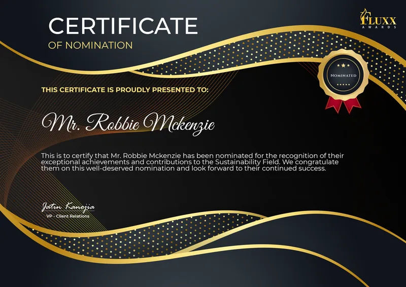 FLUXX Awards certificate of nomination presented to Mr. Robbie McKenzie for his contributions to the Sustainability field